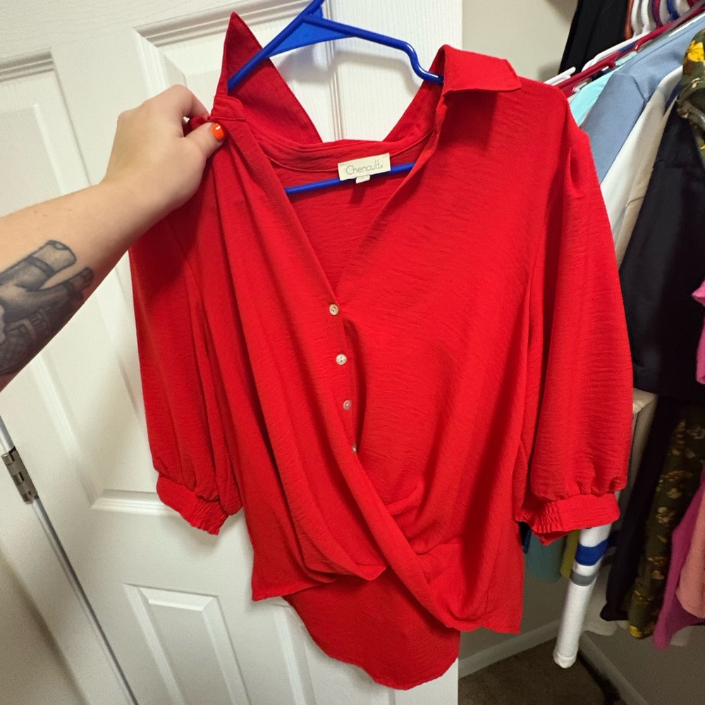 Chenault Red 3/4 Sleeve Button Down Wrap Top